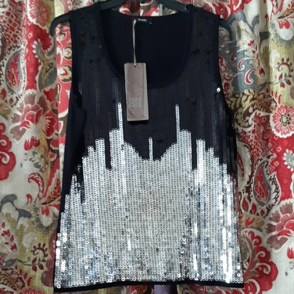 Resort New With Tag RIANI SZ 42 12 Black and Silver Sequin Tank Top